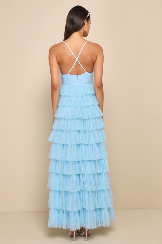 LULUS RADIANT EVENT LIGHT BLUE MESH TIERED PLEATED BACKLESS MAXI DRESS