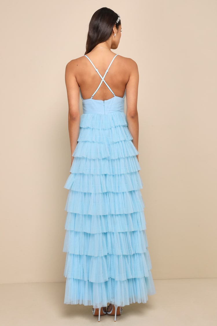 Radiant Event Light Blue Mesh Tiered Pleated Backless Maxi Dress