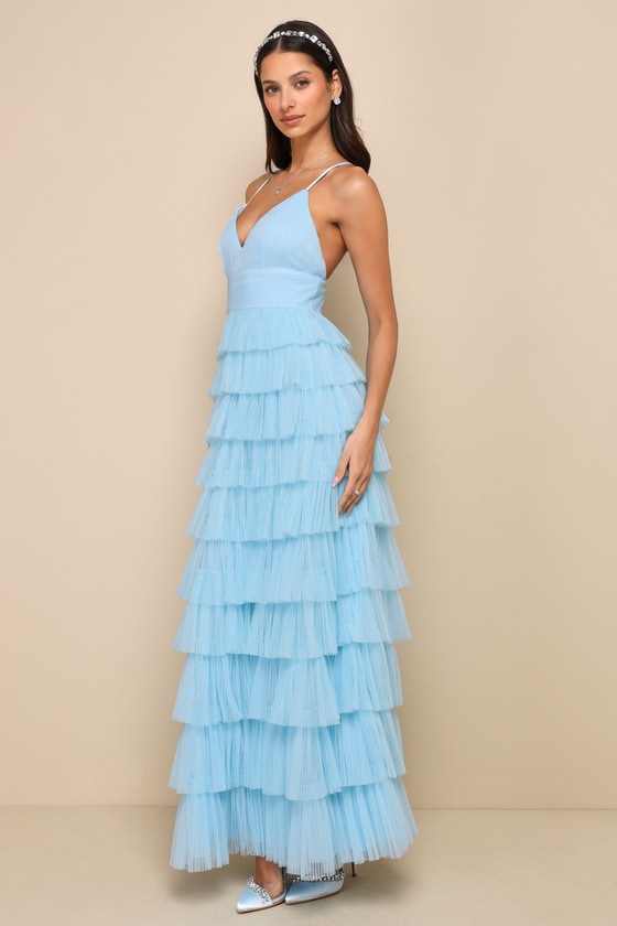 LULUS RADIANT EVENT LIGHT BLUE MESH TIERED PLEATED BACKLESS MAXI DRESS