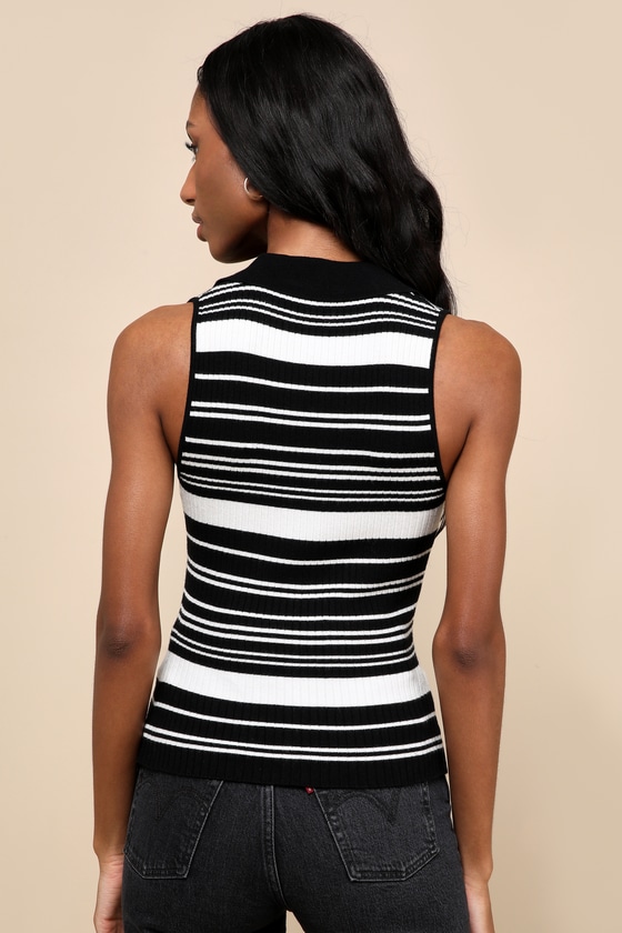Lulus Posh Sensibility Black Striped Collared Sweater Tank Top In Black