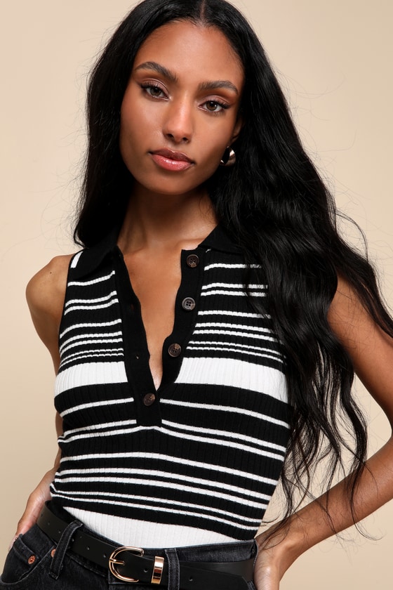 Lulus Posh Sensibility Black Striped Collared Sweater Tank Top In Black