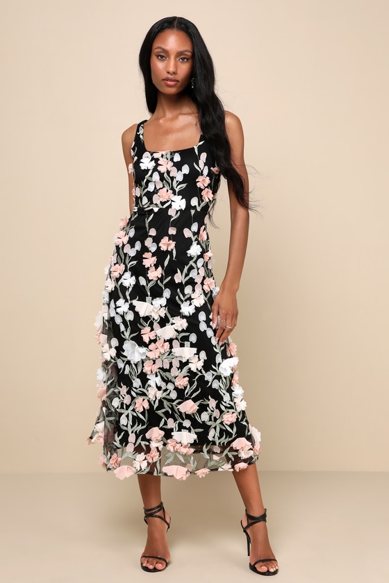 Lulus Elite Cutie Black Mesh 3d Floral Embroidered Midi Dress In Black