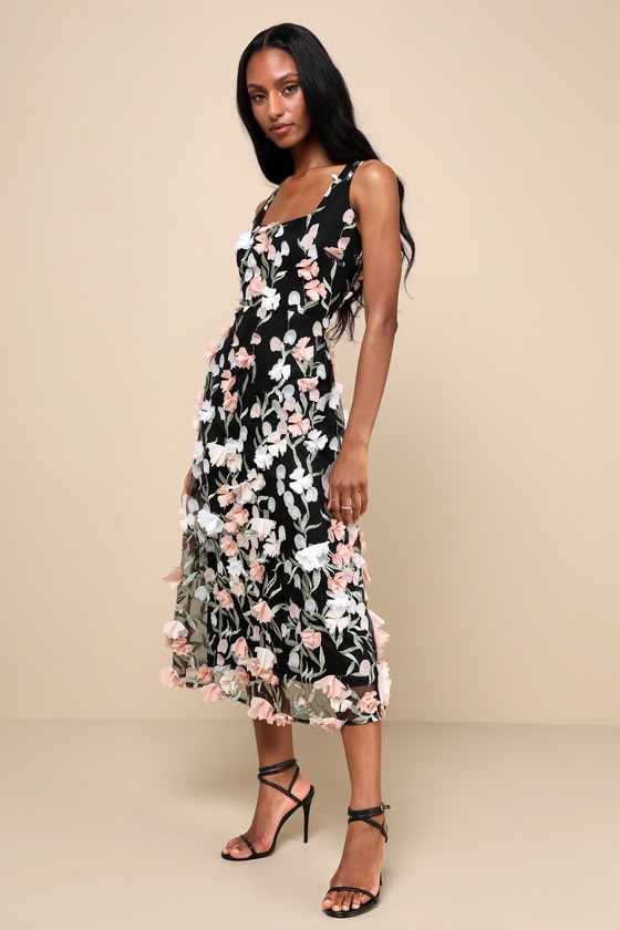 Lulus Elite Cutie Black Mesh 3d Floral Embroidered Midi Dress In Black