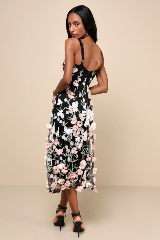 Lulus Elite Cutie Black Mesh 3d Floral Embroidered Midi Dress In Black