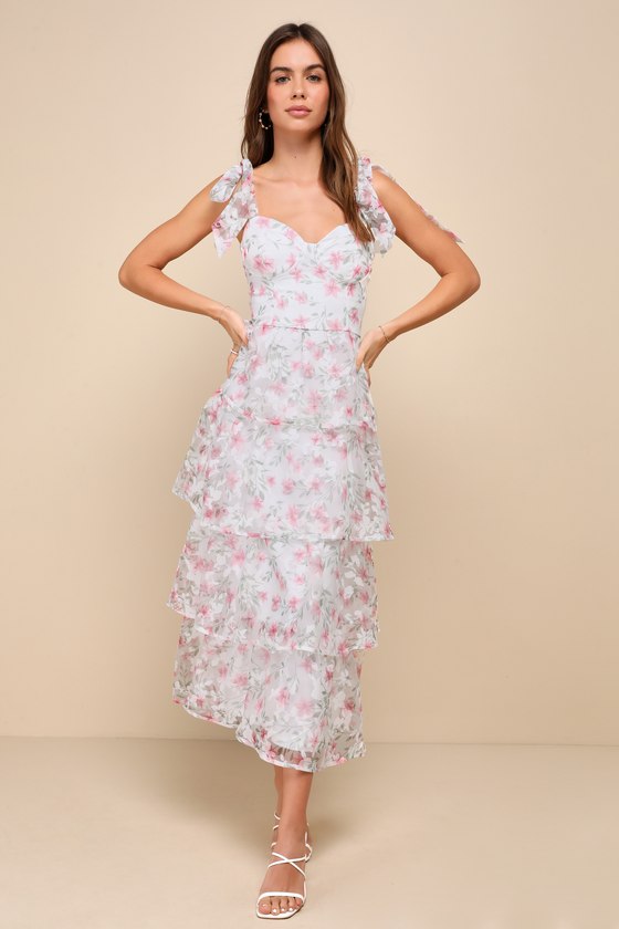 Lulus Endlessly Gorgeous White Floral Burnout Tie-strap Midi Dress In White