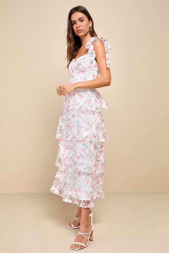 Lulus Endlessly Gorgeous White Floral Burnout Tie-strap Midi Dress In White
