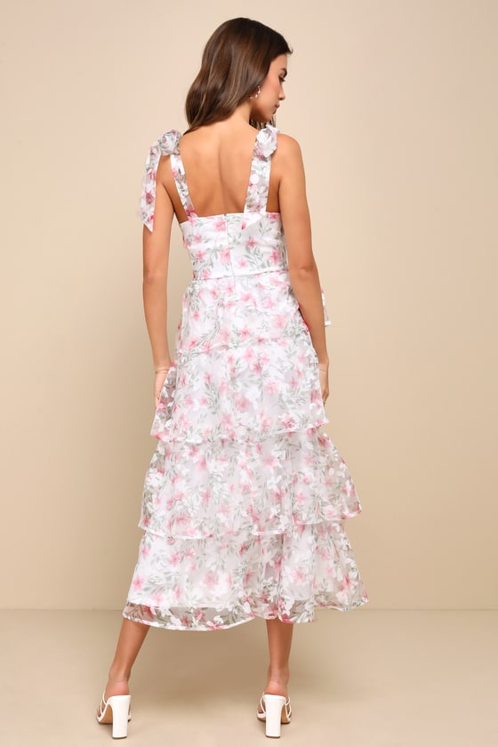 Lulus Endlessly Gorgeous White Floral Burnout Tie-strap Midi Dress In White