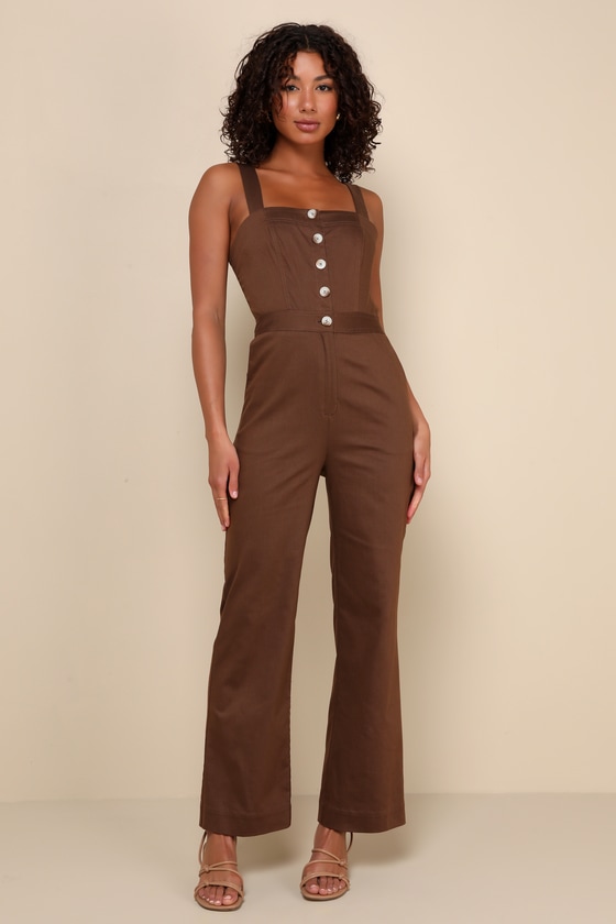 Shop Lulus Practical Charm Brown Twill Button-front Straight Leg Jumpsuit