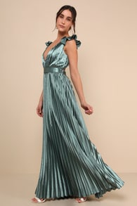 Exceptional Drama Sage Green Satin Lace-Up Pleated Maxi Dress