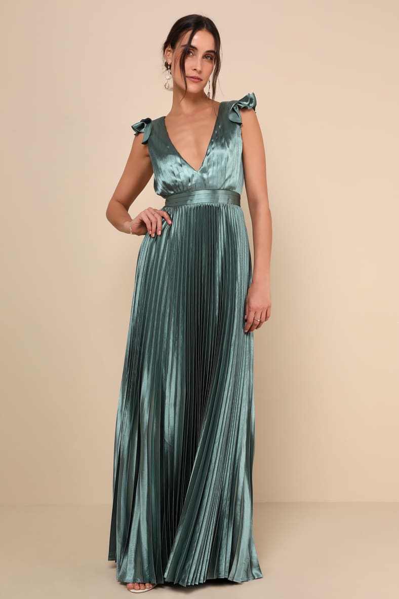 Exceptional Drama Sage Green Satin Lace-Up Pleated Maxi Dress