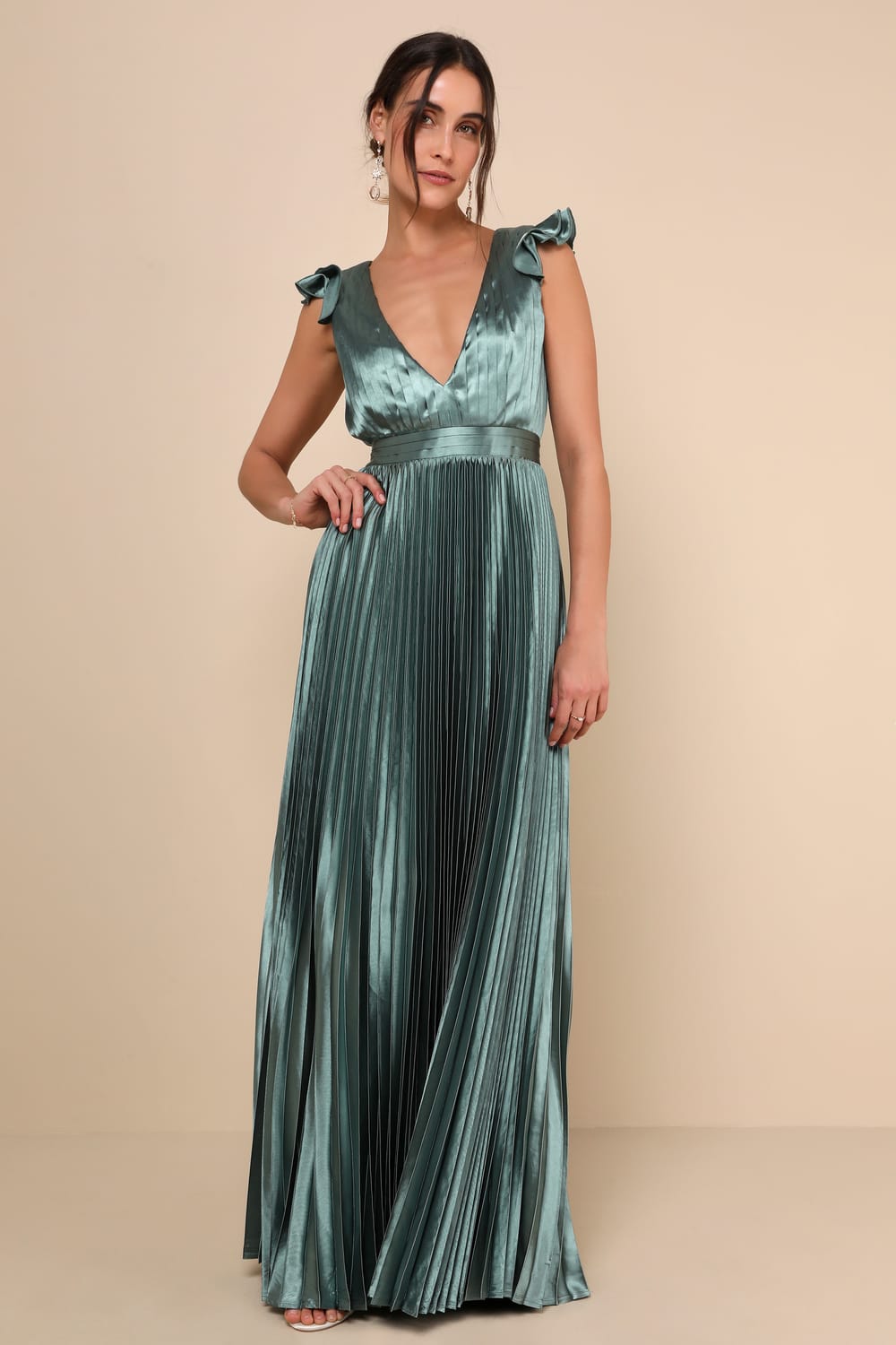 Exceptional Drama Sage Green Satin Lace-Up Pleated Maxi Dress