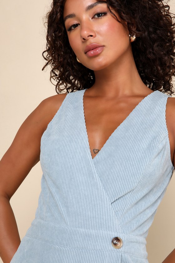 Lulus Cute Mindset Light Blue Corduroy Faux-wrap Skort Romper In Light Blue