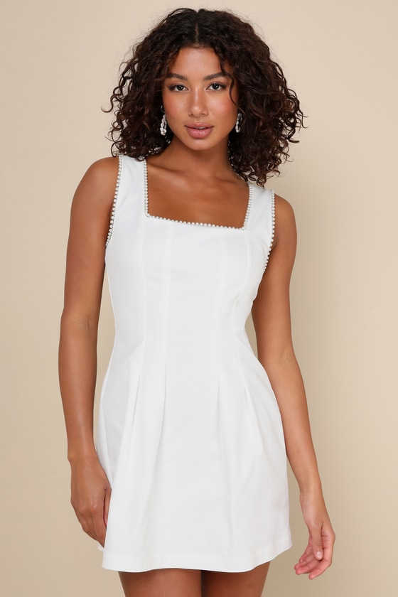 Pure Hearted White Pearl Square Neck Sleeveless Mini Dress 1