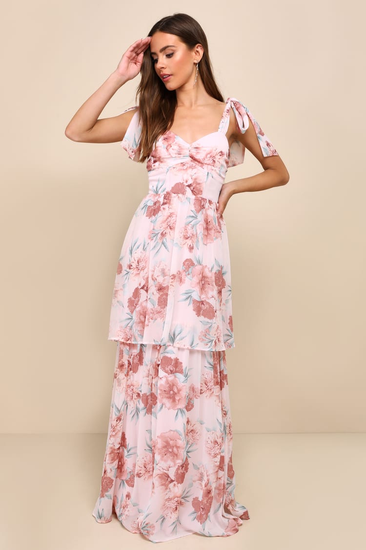 knee length dresses for ladies Fate Tiered Maxi Dress with Tie Straps – Yellow Multi Floral Patchwork main image 0