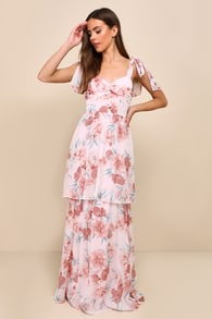 Phenomenal Poise Light Pink Floral Tie-Strap Tiered Maxi Dress
