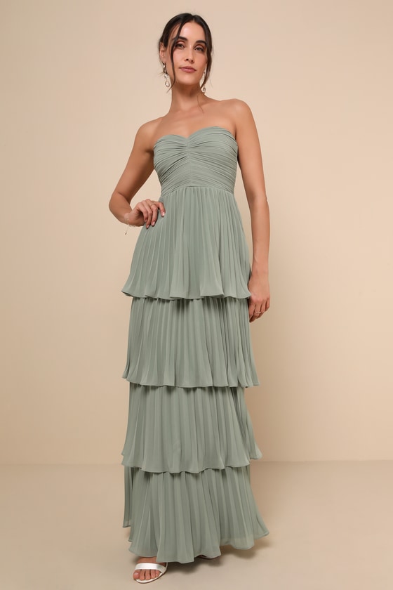 Lulus Seriously Sensational Sage Brush Strapless Tiered Maxi Dress In Green