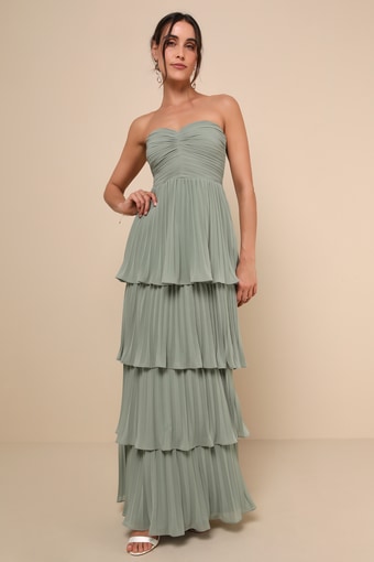 Seriously Sensational Sage Brush Strapless Tiered Maxi Dress 1