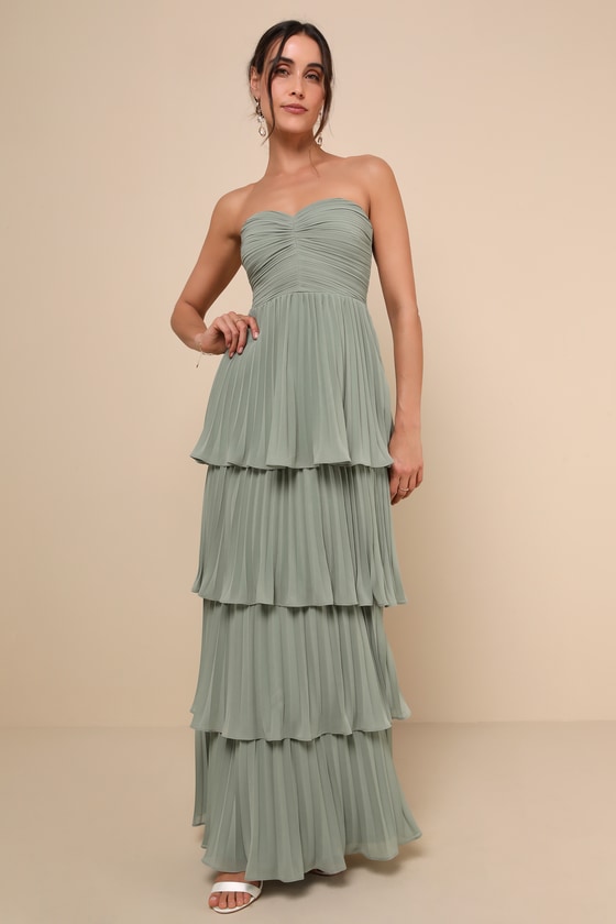 Seriously Sensational Sage Brush Strapless Tiered Maxi Dress 1