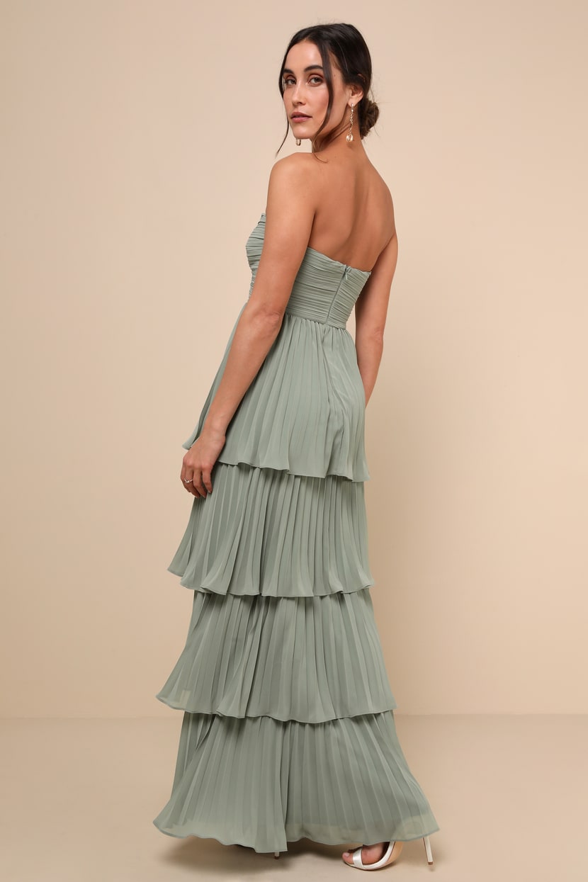 Seriously Sensational Sage Brush Strapless Tiered Maxi Dress
