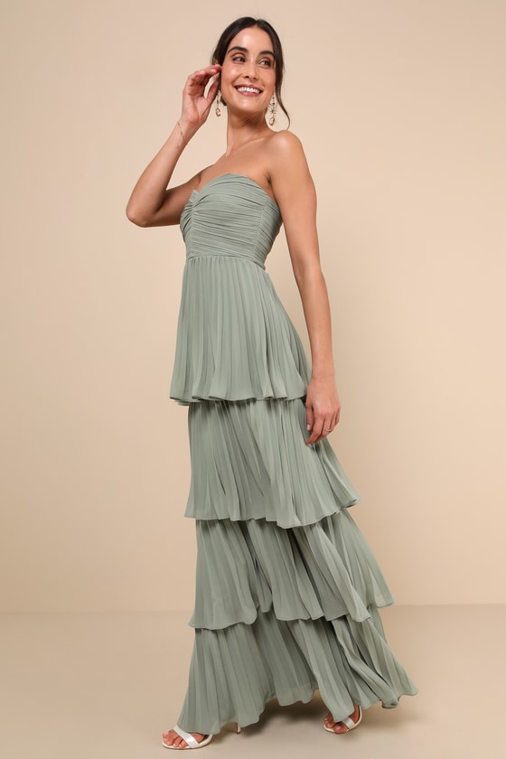 Lulus Seriously Sensational Sage Brush Strapless Tiered Maxi Dress In Green