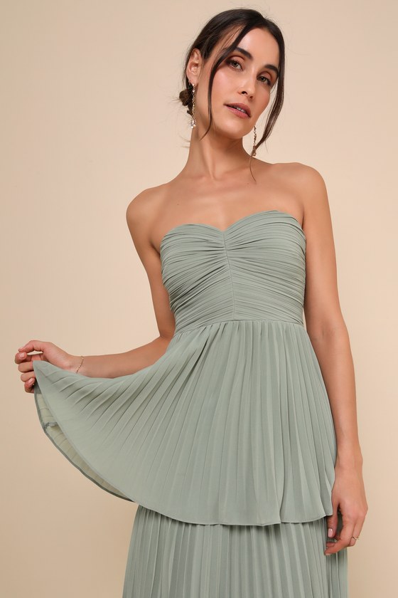 Lulus Seriously Sensational Sage Brush Strapless Tiered Maxi Dress In Green