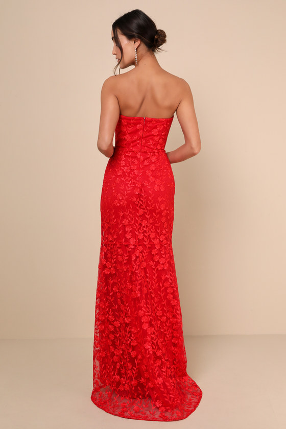 Lulus Romantic Beauty Red Floral Embroidered Strapless Maxi Dress In Red