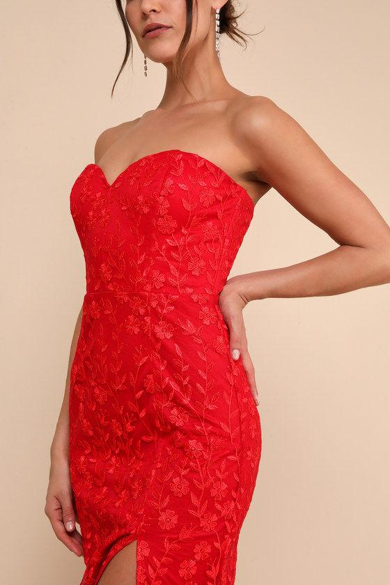 Lulus Romantic Beauty Red Floral Embroidered Strapless Maxi Dress In Red