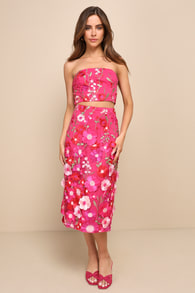 Gorgeous Mood Hot Pink 3D Floral Applique Two-Piece Midi Dress