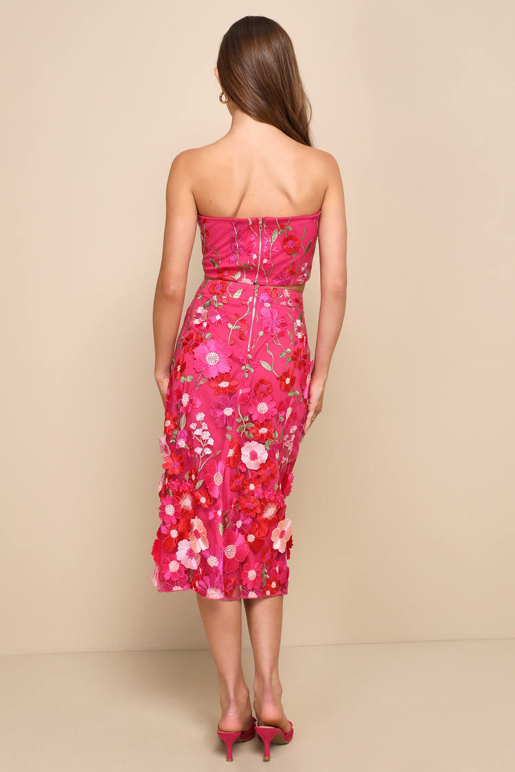 Gorgeous Mood Hot Pink 3D Floral Applique Two-Piece Midi Dress