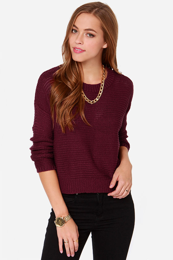 Burgundy Sweater Knit Sweater Cropped Sweater 61.00 Lulus