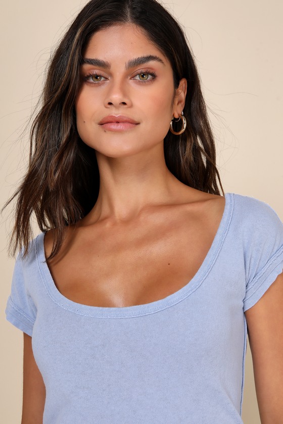 Shop Free People Bout Time Periwinkle Blue Cotton Scoop Neck Cap Sleeve Tee