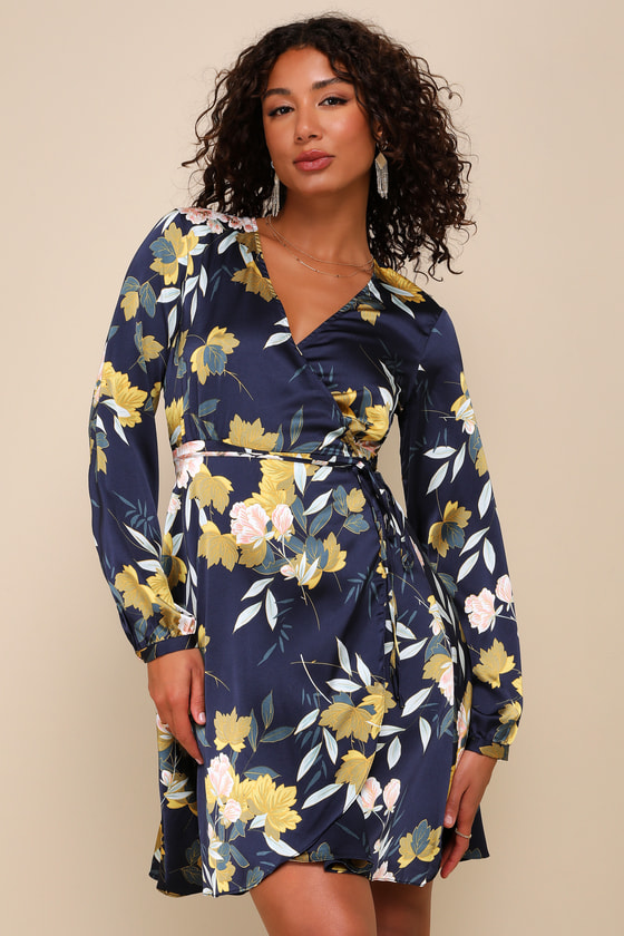 Cute Navy Blue Dress - Floral Print Dress - Floral Wrap Dress - Lulus