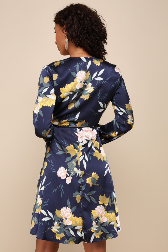 Cute Navy Blue Dress - Floral Print Dress - Floral Wrap Dress - Lulus