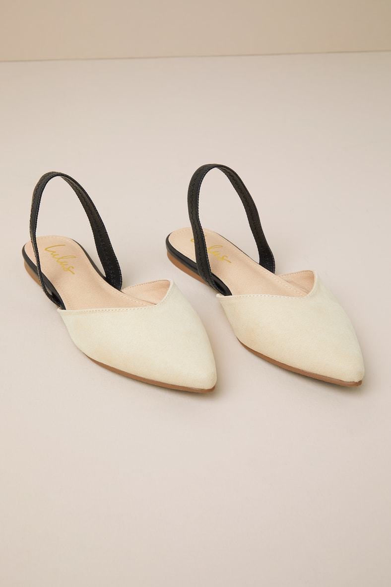 Mae Beige and Black Suede Pointed-Toe Slingback Flats