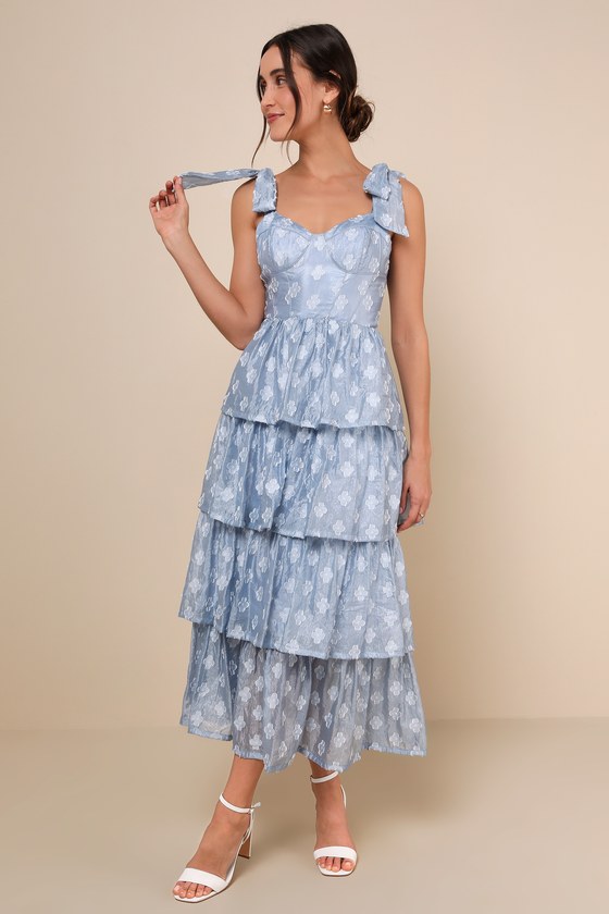 Gorgeous Excellence Light Blue Floral Burnout Tiered Midi Dress