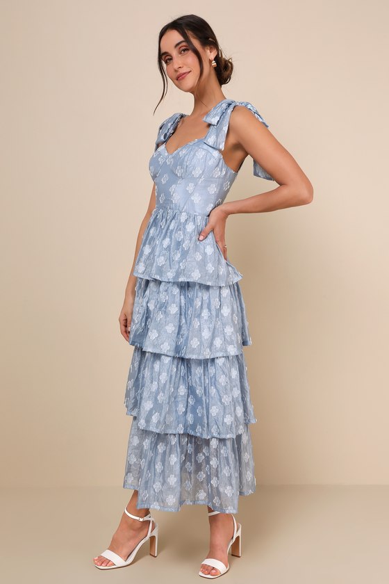Gorgeous Excellence Light Blue Floral Burnout Tiered Midi Dress 4