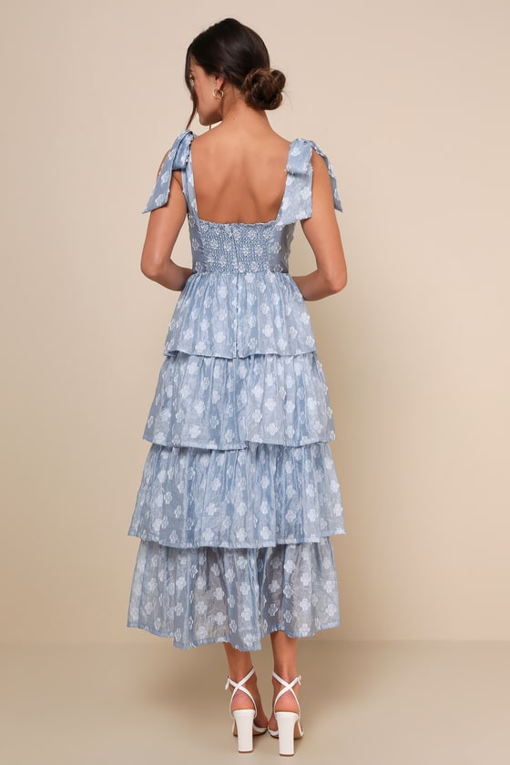 Shop Lulus Gorgeous Excellence Light Blue Floral Burnout Tiered Midi Dress