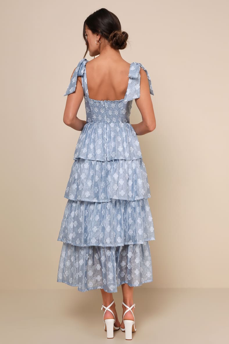 Gorgeous Excellence Light Blue Floral Burnout Tiered Midi Dress