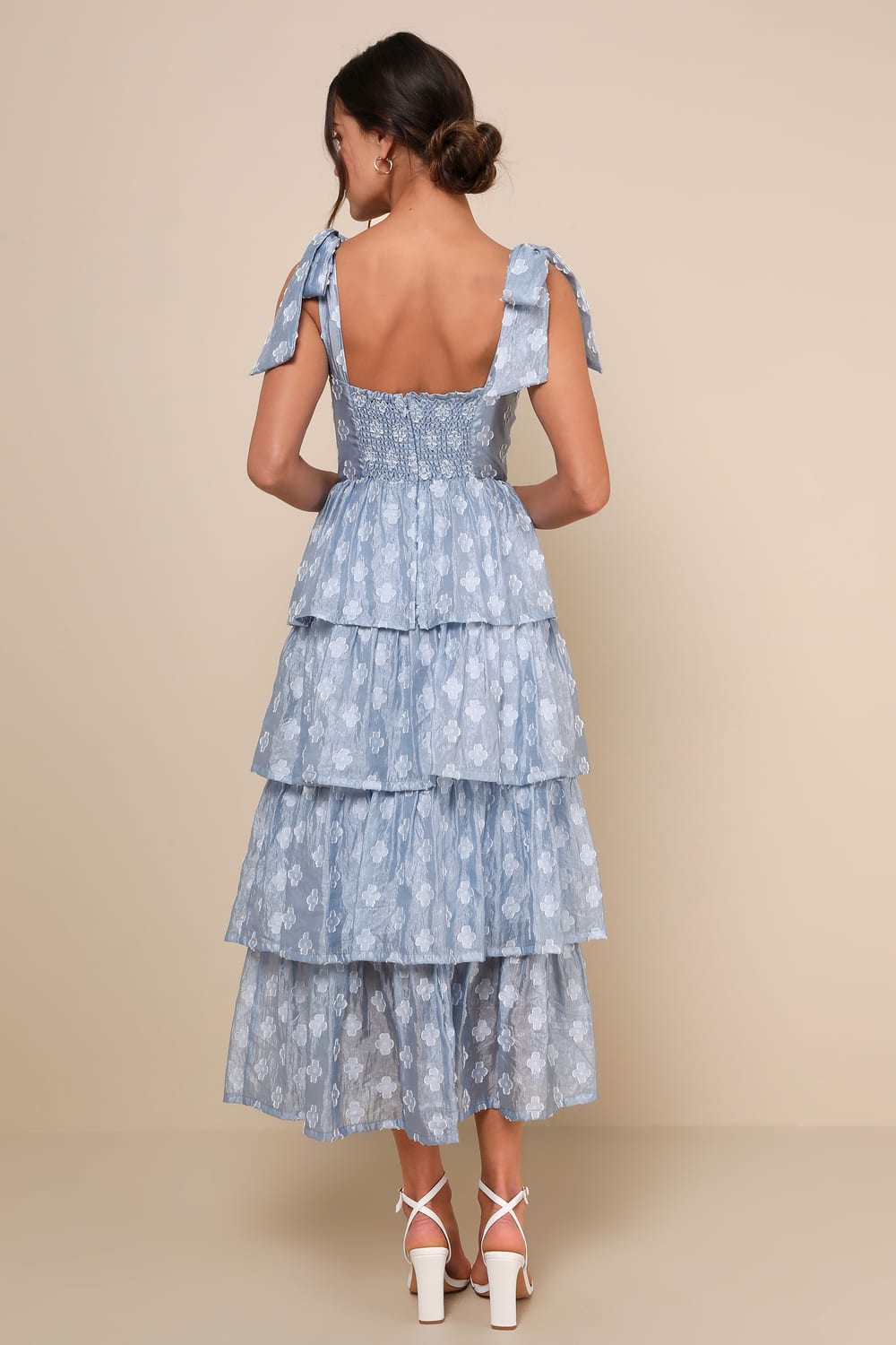 Gorgeous Excellence Light Blue Floral Burnout Tiered Midi Dress