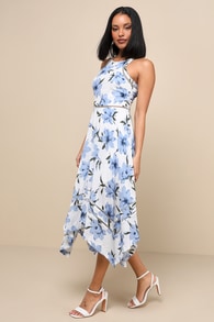 Zahara Blue and White Floral Print Midi Dress