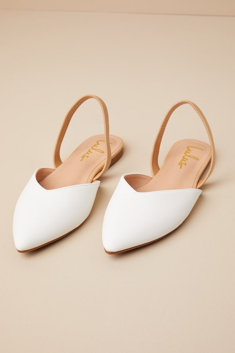 Mae White and Beige Pointed-Toe Slingback Flats