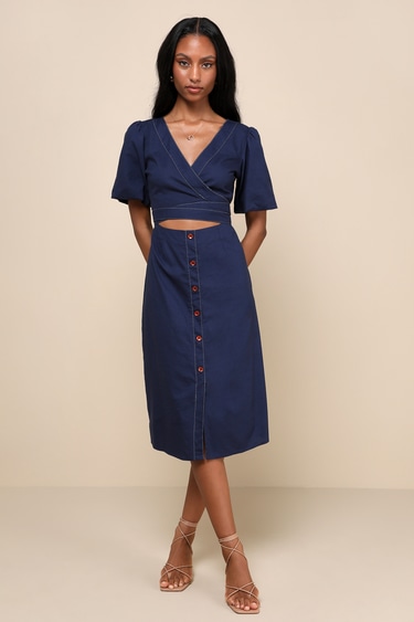 Navy Blue Linen Dress Wrap Front Midi Dress Cutout Midi Dress