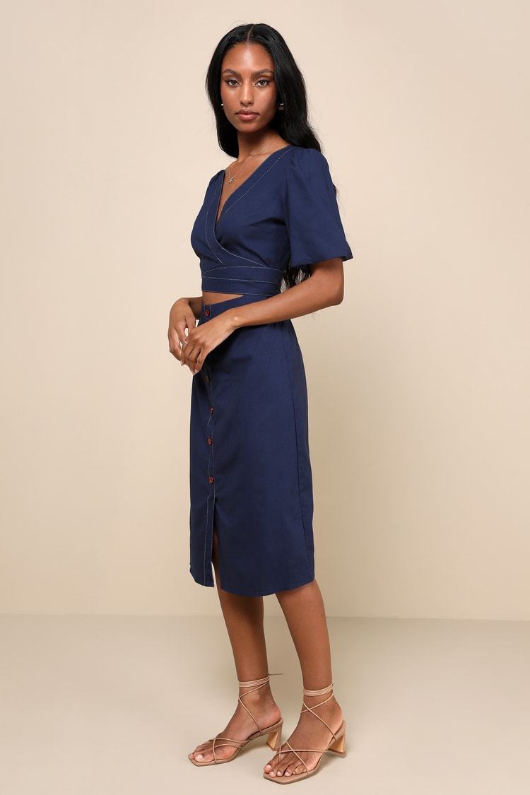 blue dress for baby girl Casual Boho T-Shirt Maxi Dress – V-Neck Side Slit Summer Dress in Navy Blue | Women's Boho Fashion | S