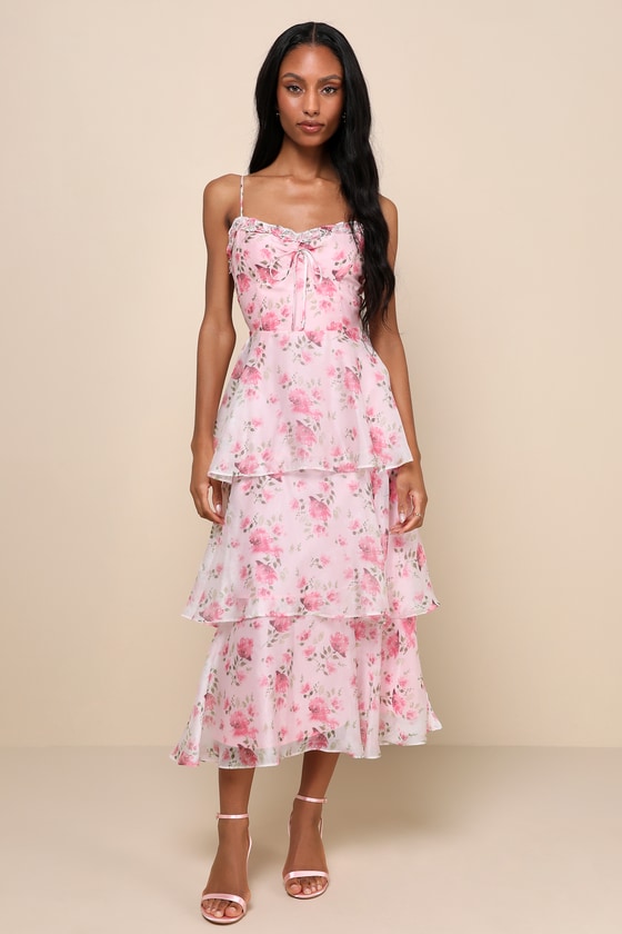 Light Pink Floral Dress - Floral Midi Dress - Tiered Midi Dress - Lulus