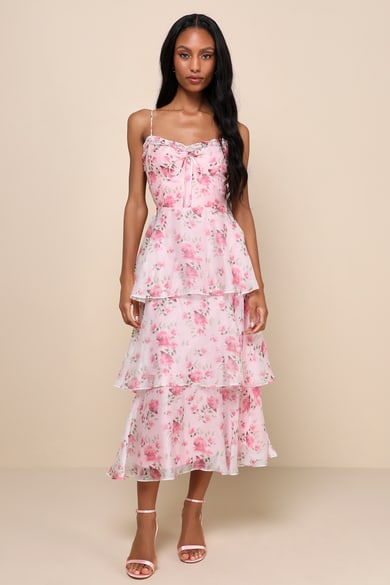 Dreamy Personality Pink Floral Ruffled Sleeveless Midi Dress