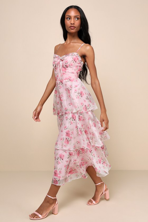 Immaculate Cutie Light Pink Floral Sleeveless Tiered Midi Dress 3