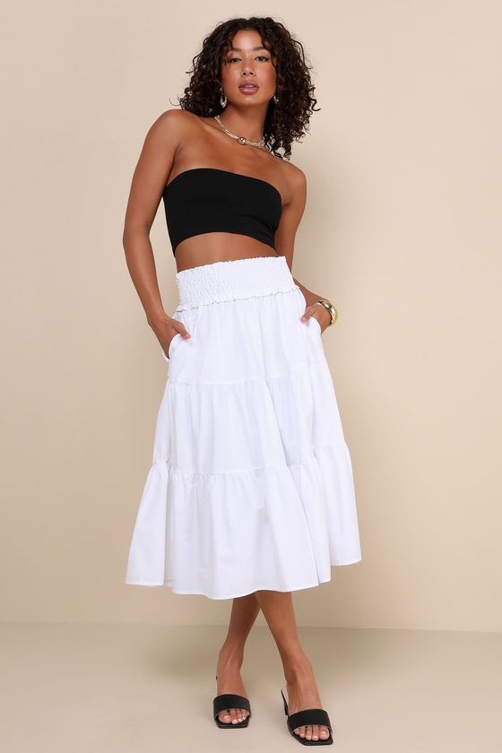 Shop Lulus Covetable Charm White Poplin Tiered Midi Skirt