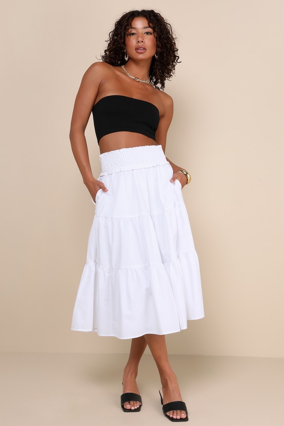 Covetable Charm White Poplin Tiered Midi Skirt 1