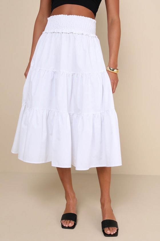 Covetable Charm White Poplin Tiered Midi Skirt 2