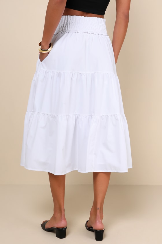Covetable Charm White Poplin Tiered Midi Skirt